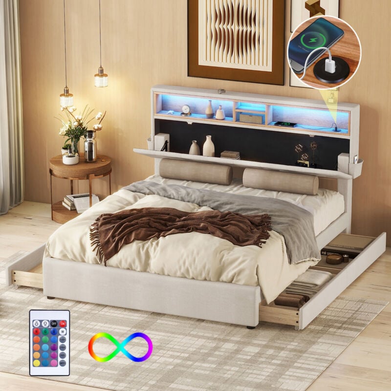 foto del prodotto letto matrimoniale per adulti con testiera contenitore, usb, led, lino, senza materasso, 140x200cm, grigio e beige, con 4 cassetti