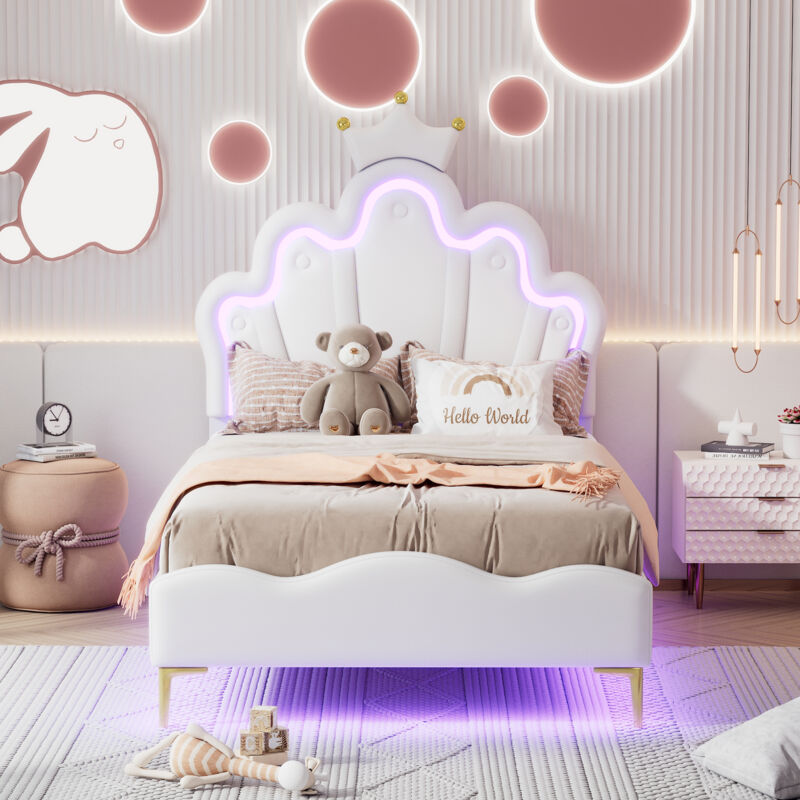 foto del prodotto letto matrimoniale piatto 90200 cm, letto principessa a forma di corona, rivestimento in morbida pelle pu, striscia di luce ambientale a led