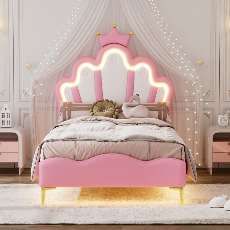 foto del prodotto letto matrimoniale piatto 90x200 cm, letto crown princess, rivestimento in morbida pelle pu, striscia di luce ambientale led regolabile, rosa