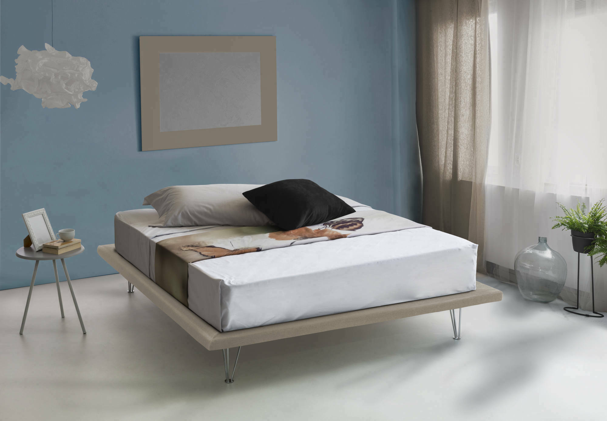 foto del prodotto letto matrimoniale pietersite, letto fisso in tessuto con piedini, made in italy, adatto per materasso cm 160x200, beige