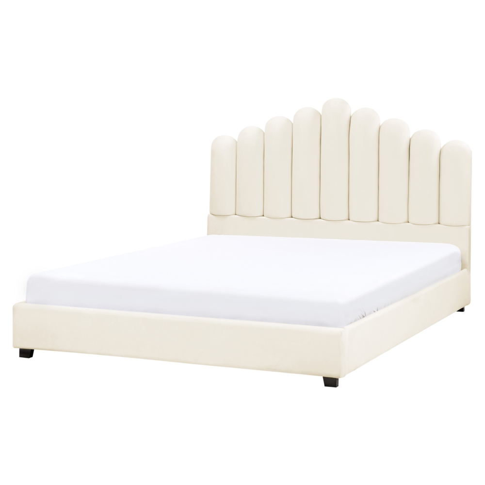 foto del prodotto letto matrimoniale rete a doghe velluto bianco sporco 160 x 200 testiera a conchiglia