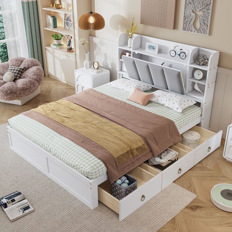 foto del prodotto letto matrimoniale, ripiano aperto, tre cassetti su rotelle, maniglie in metallo, vano portaoggetti con anta a battente, struttura in pino,