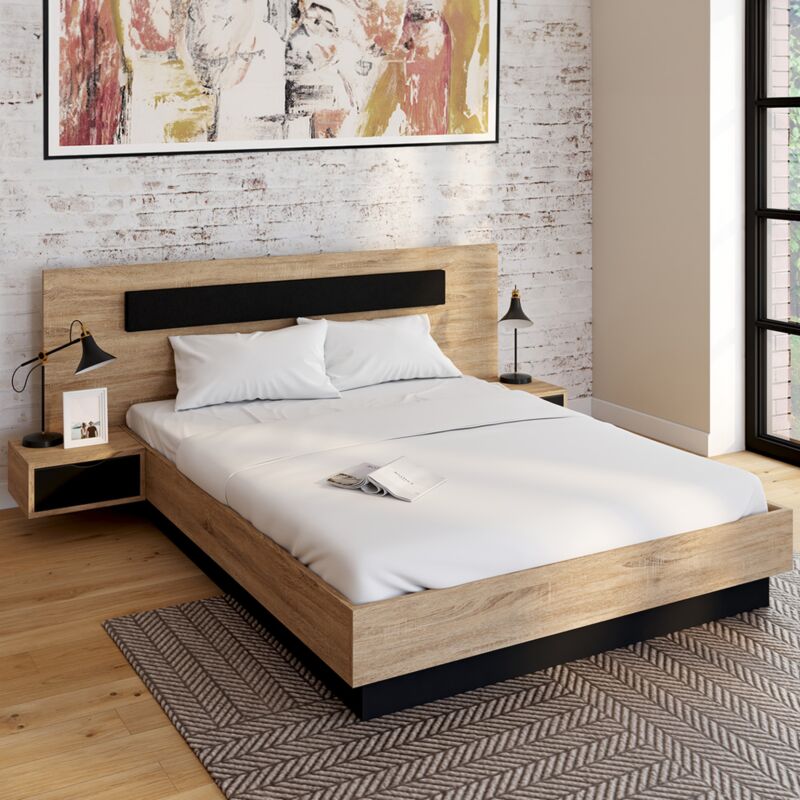 foto del prodotto letto matrimoniale santa 140 x 190 cm con testata e comodini sospesi e base in legno e nero