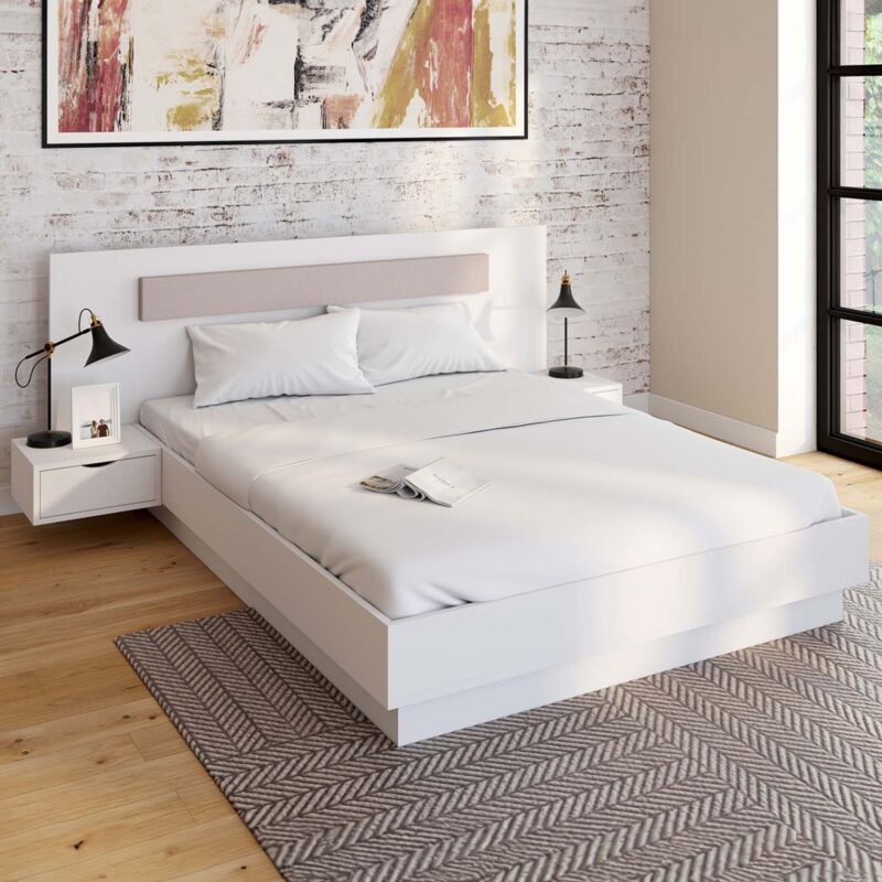 foto del prodotto letto matrimoniale santa con testiera comodini integrati e rete a doghe bianche 140 x 190 cm