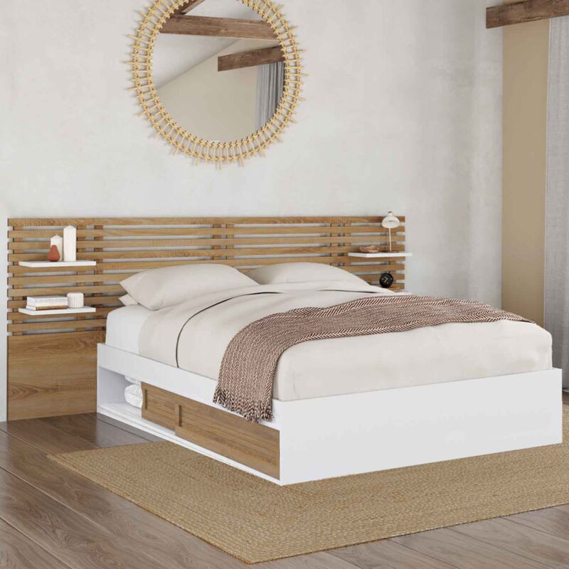 foto del prodotto letto matrimoniale savana con testata, comodini, contenitore e rete a doghe 140 x 190 cm in faggio e bianco