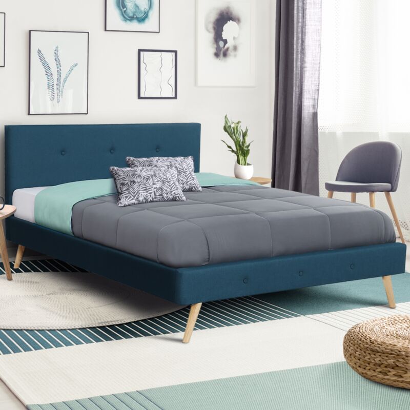 foto del prodotto letto matrimoniale scandinavo oslo 160 x 200 cm tessuto blu anatra