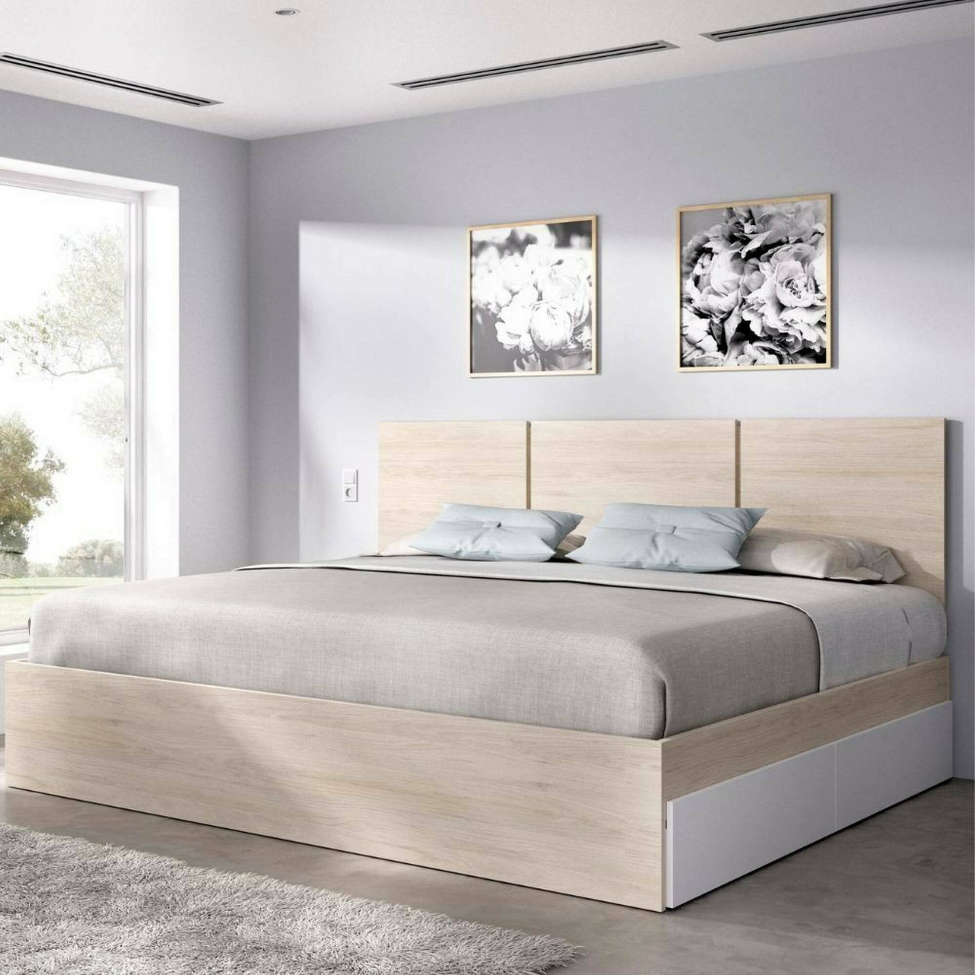 foto del prodotto letto matrimoniale shannon, sommier per camera da letto, giroletto per stanza, struttura porta materasso, 166x205 h96 cm, bianco e rovere