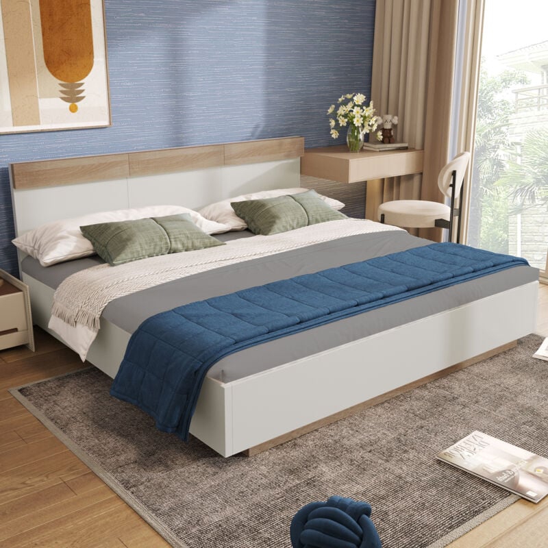 foto del prodotto letto matrimoniale sospeso in legno per adulti. dimensioni 205 x 164 x 90,5 cm. struttura del letto e rete a doghe. rovere e bianco