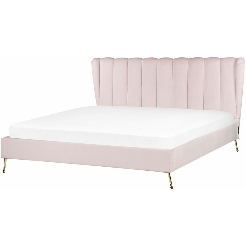 foto del prodotto letto matrimoniale velluto 180 x 200 cm testata con porta usb gambe in metallo dorato rosa miribel