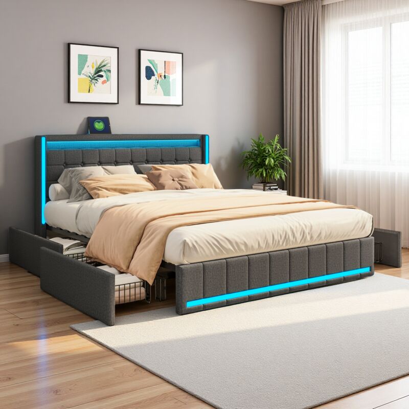 foto del prodotto letto moderno imbottito a led, struttura letto contenitore con 4 cassetti e porte di ricarica usb, 160 x 200 cm, tessuto di lino, per ragazzi,