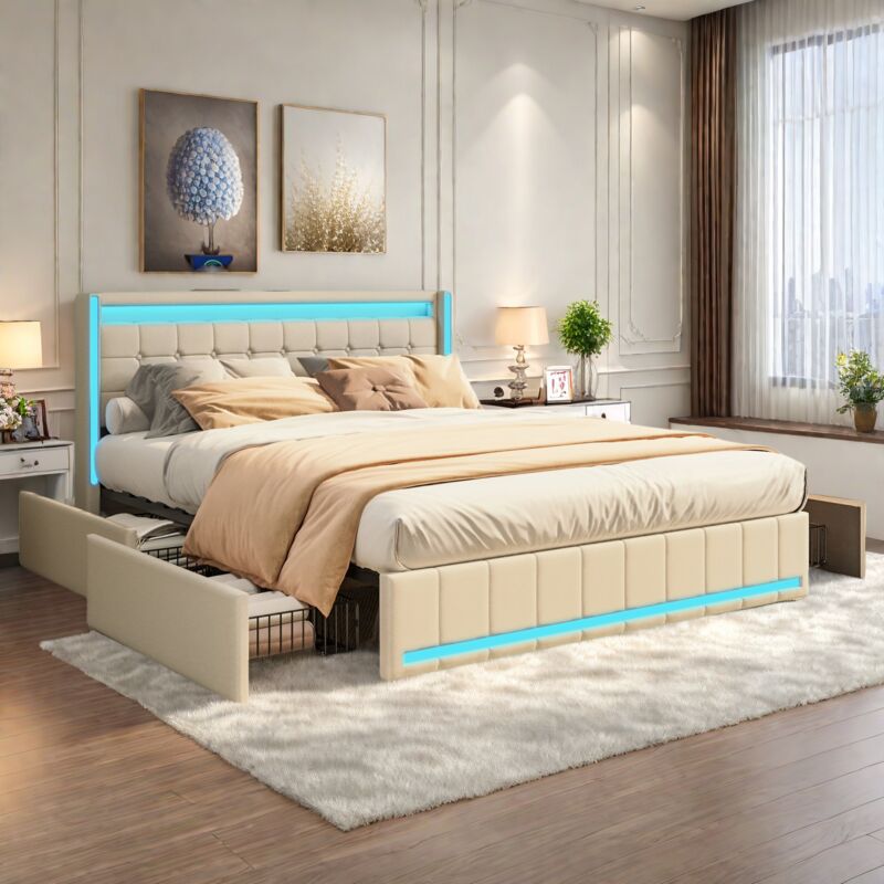 foto del prodotto letto moderno imbottito a led, struttura letto contenitore con 4 cassetti e porte di ricarica usb, 160 x 200 cm, tessuto di lino, per ragazzi,