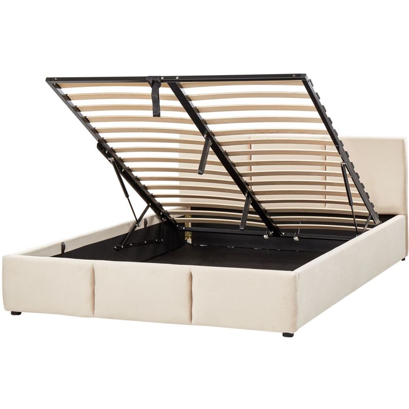 foto del prodotto letto moderno imbottito contenitore in velluto beige chiaro 140 x 200 cm bousse