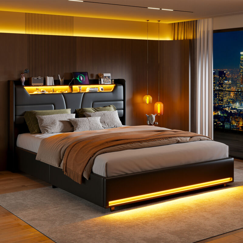 foto del prodotto letto moderno imbottito in similpelle, struttura letto matrimoniale idraulica 140 160x200 cm con luci led, testiera con ripiano e porte di ricarica