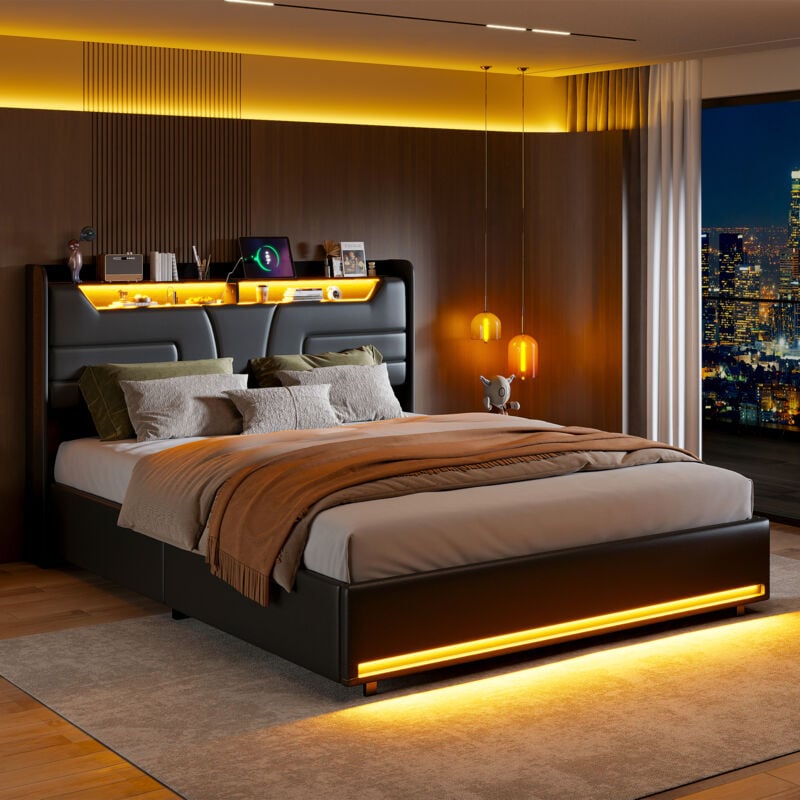 foto del prodotto letto moderno imbottito in similpelle, struttura letto matrimoniale idraulica 140 160x200 cm con luci led, testiera con ripiano e porte di ricarica