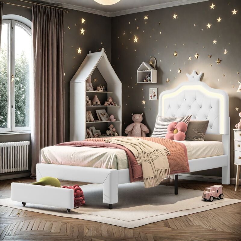 foto del prodotto letto moderno in similpelle a led con cassetto, letto imbottito con testiera a corona unica, struttura per letto singolo 90 x 200 cm, struttura per