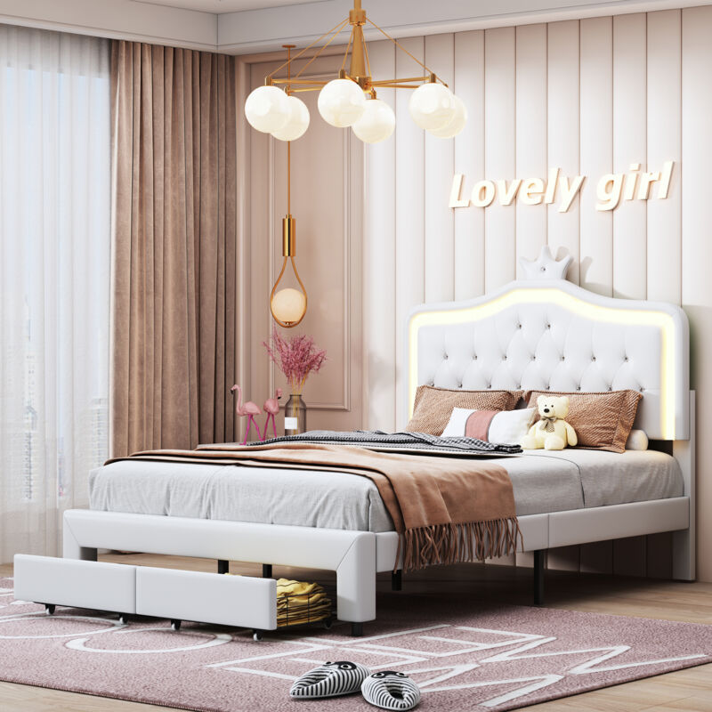foto del prodotto letto moderno in similpelle a led con cassetto, letto imbottito con testiera a corona unica, struttura per letto singolo 90 x 200 cm, struttura per