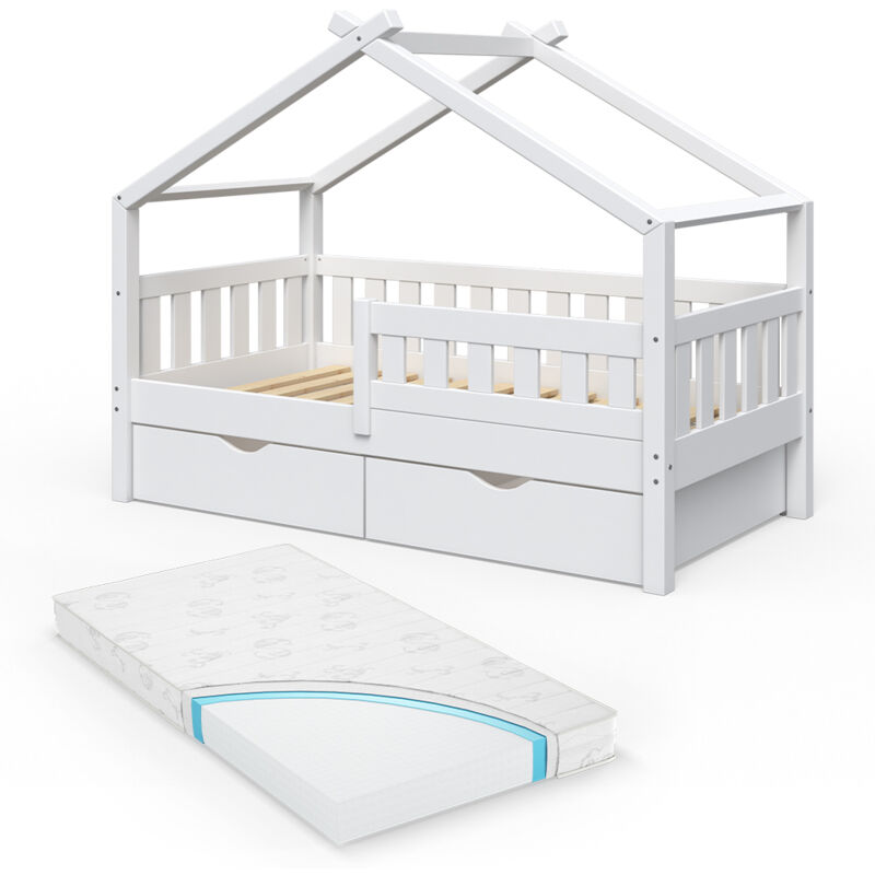 foto del prodotto letto montessori bambini design, bianco, 80x160 cm con 2 cassetti e materasso vitalispa