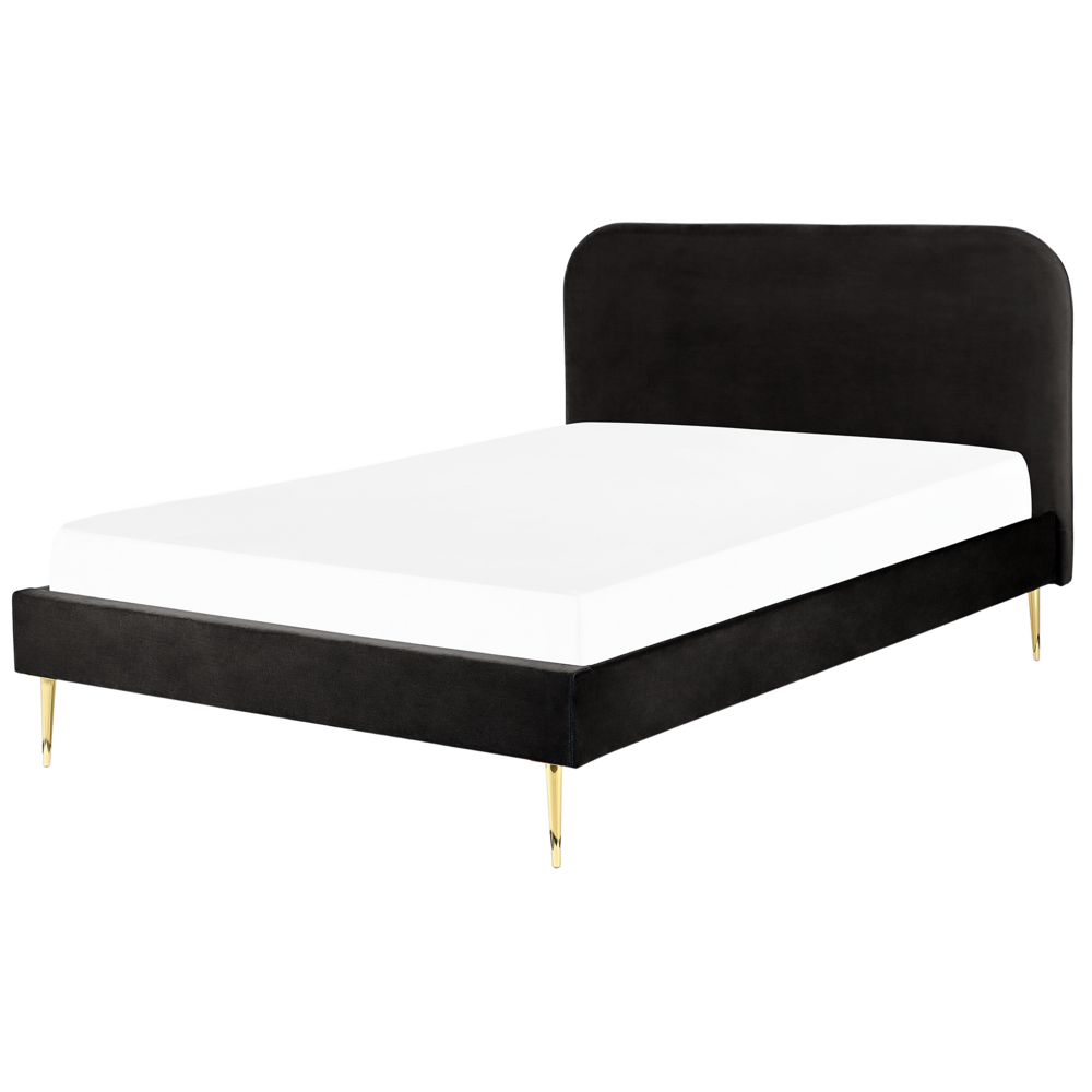 foto del prodotto letto nero velluto tappezzeria doppia dimensione gambe dorate testiera con rete a doghe 140 x 200 cm design minimalista
