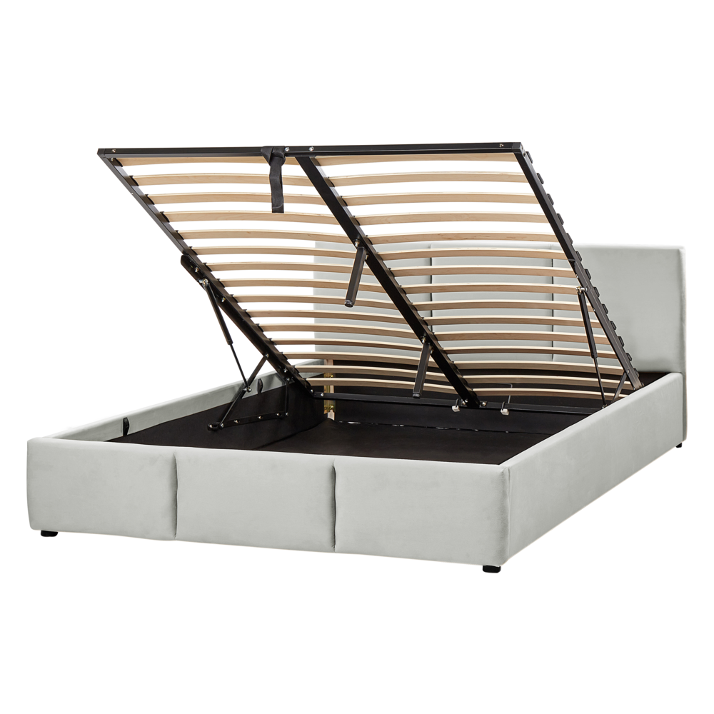 foto del prodotto letto ottomano grigio chiaro velluto tappezzato 140 x 200 cm testiera travestita funzione contenitore