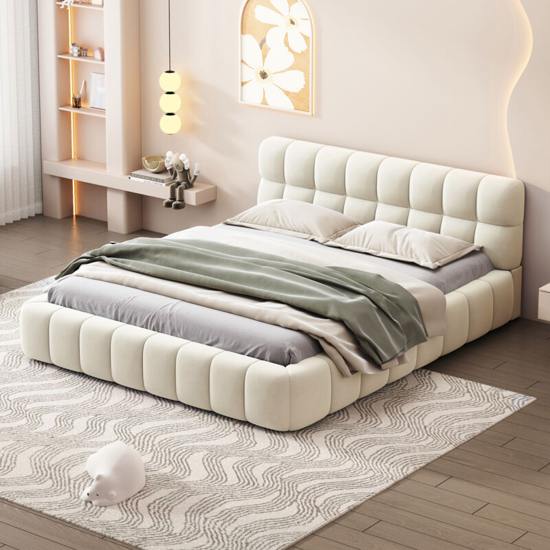 foto del prodotto letto per adulti 140x190 cm, letto per ragazzi, letto matrimoniale imbottito beige con schienale morbido, rete a doghe, biancheria, senza materasso