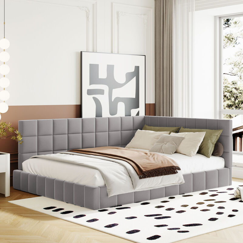 foto del prodotto letto per adulti 140x200 cm, divano letto per bambini, letto imbottito grigio con rete a doghe, in tessuto di velluto delicato sulla pelle, senza