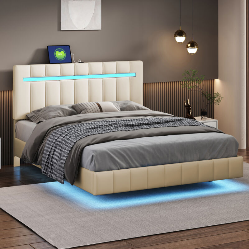 foto del prodotto letto per adulti 140x200 cm, letto a led per adulti, letto per ragazzi, letto imbottito beige con testiera, in lino beige delicato sulla pelle, senza