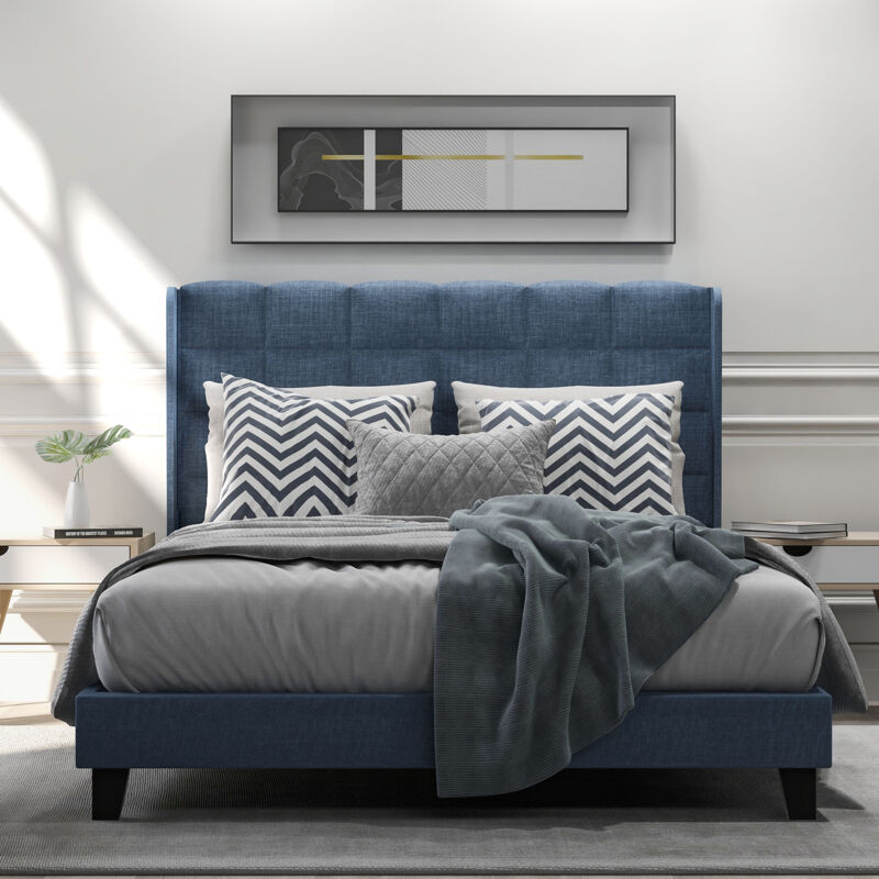foto del prodotto letto per adulti 140x200 cm, letto matrimoniale imbottito con rete a doghe, letto per ragazzi in lino, blu, senza materasso