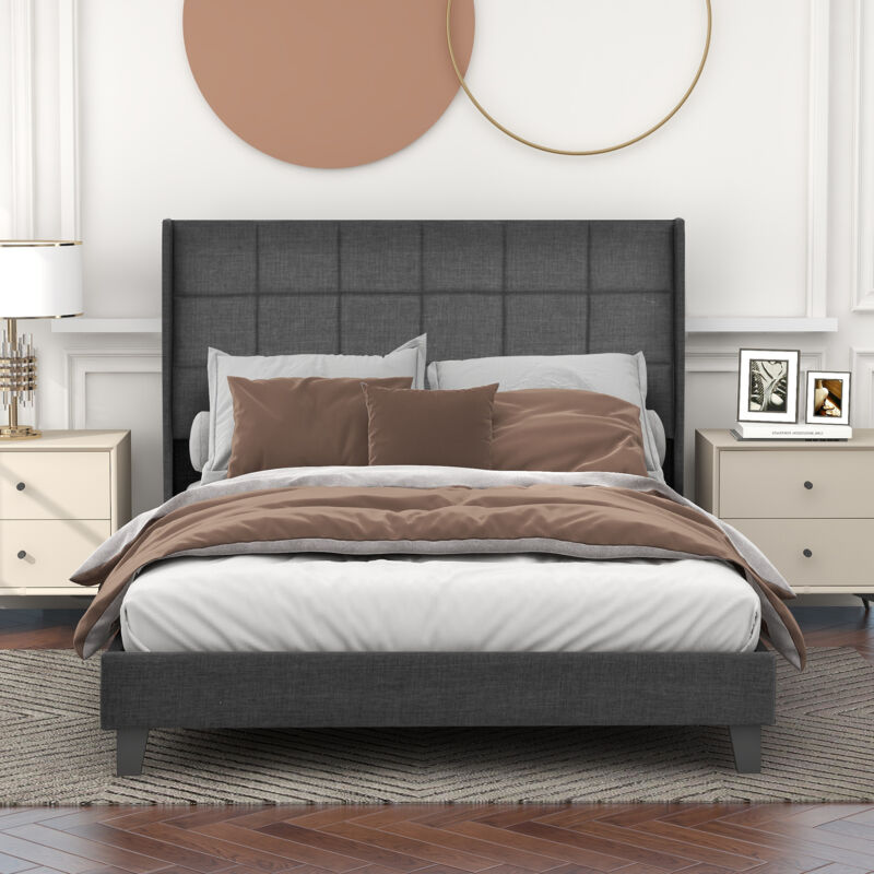 foto del prodotto letto per adulti 140x200 cm, letto matrimoniale imbottito con rete a doghe, letto per ragazzi in lino, grigio, senza materasso