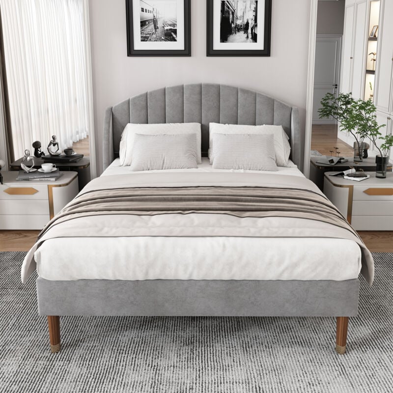 foto del prodotto letto per adulti 140x200 cm, letto per ragazzi, letto imbottito grigio con gambe in legno, in velluto, senza materasso