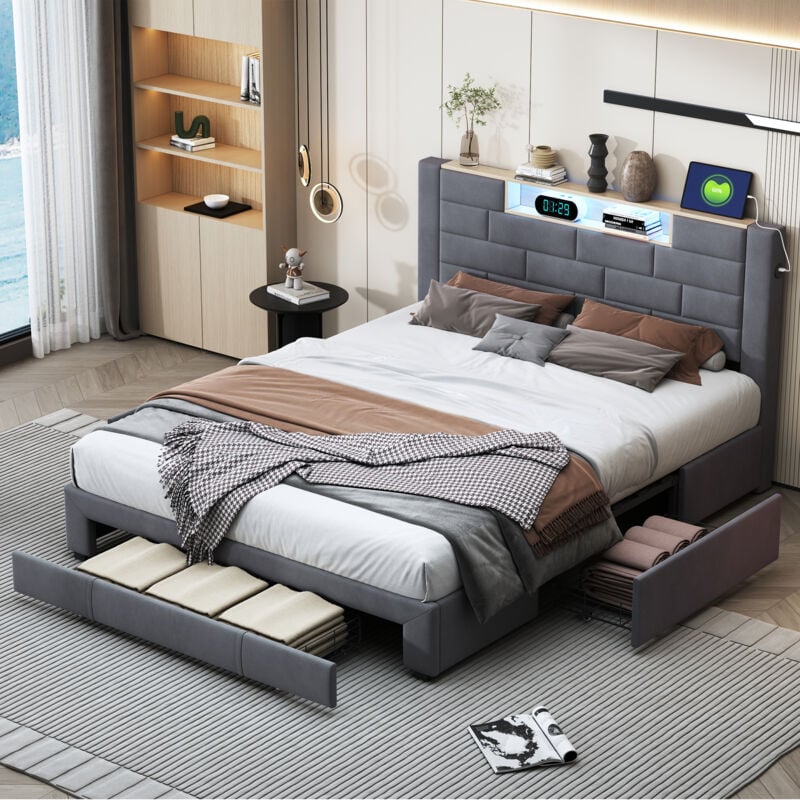 foto del prodotto letto per adulti 140x200, letto 140x200, letto matrimoniale con 3 cassetti contenitori, rete a doghe, illuminazione a led, tessuto in velluto, grigio