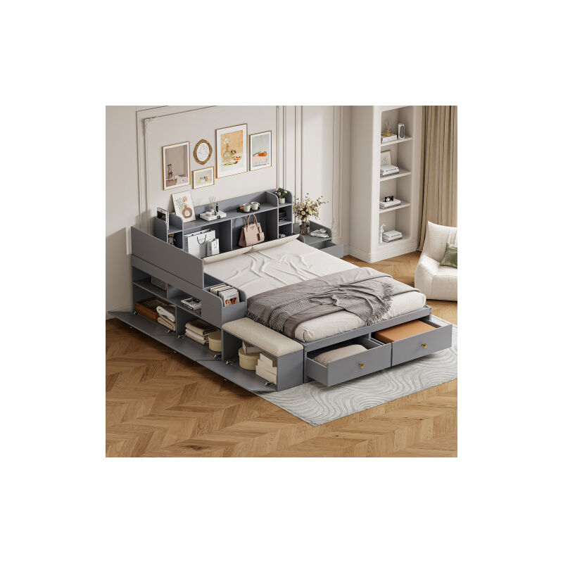 foto del prodotto letto per adulti 140x200cm, struttura letto con testiera, vano contenitore integrato, cassetto, comodino, pouf, senza materasso, grigio
