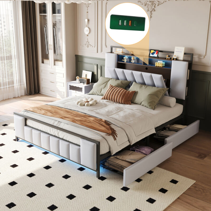 foto del prodotto letto per adulti 160x200 cm con 4 cassetti contenitori, letto per ragazzi con led, presa usb, struttura in ferro, similpelle, bianco