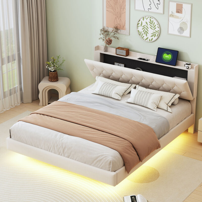 foto del prodotto letto per adulti 160x200 cm, letto a led per adulti, letto matrimoniale imbottito beige con porta di ricarica usb, in tessuto di lino delicato sulla
