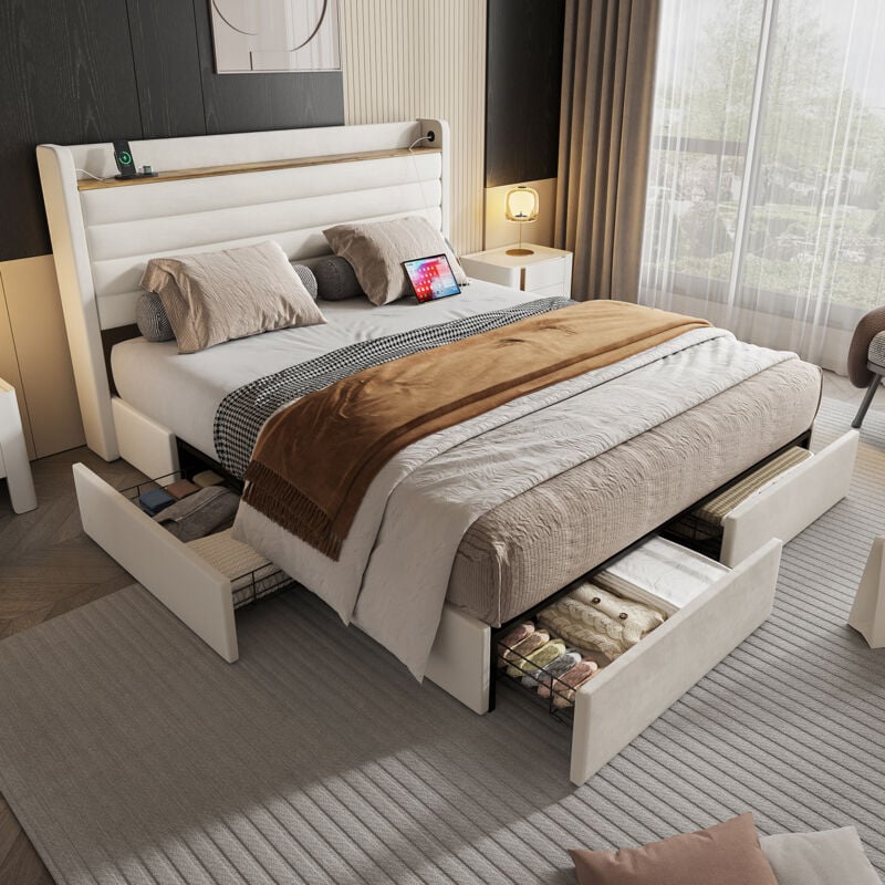 foto del prodotto letto per adulti 160x200cm, porta usb, letto matrimoniale imbottito con 4 cassetti contenitori, velluto, senza materasso, beige