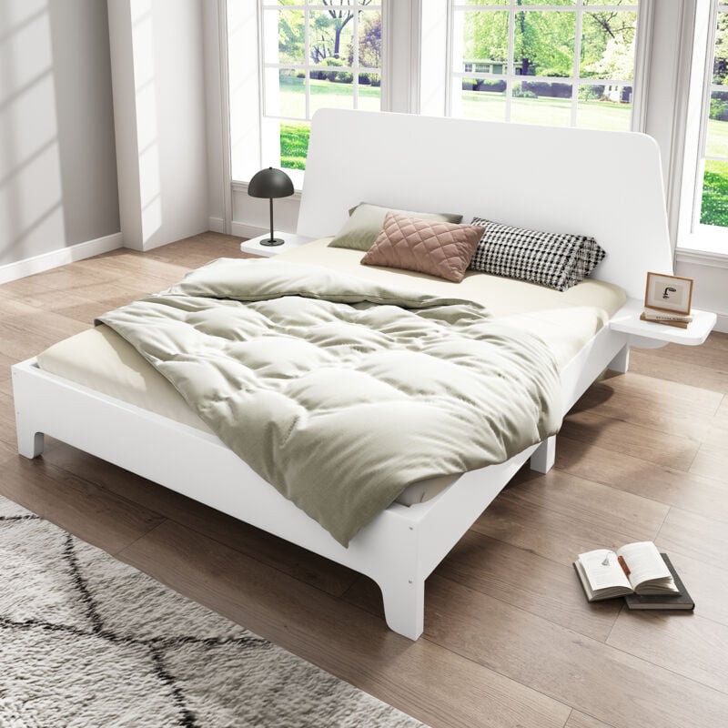 foto del prodotto letto per adulti 160x200cm, struttura letto matrimoniale in legno, testata con pannello contenitore, rovere, senza materasso, bianco