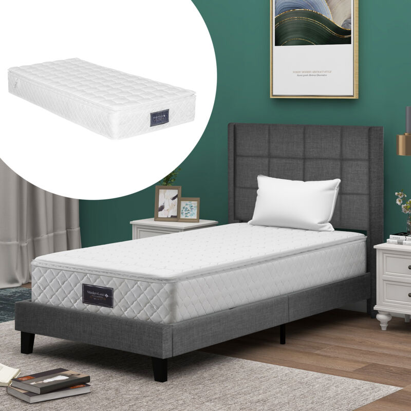 foto del prodotto letto per adulti 90x200 cm, letto singolo imbottito con rete a doghe, letto per ragazzi in lino, grigio, materasso incluso