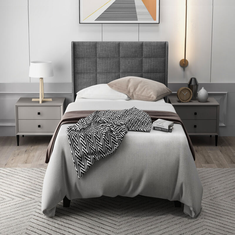 foto del prodotto letto per adulti 90x200 cm, letto singolo imbottito con rete a doghe, letto per ragazzi in lino, grigio, senza materasso