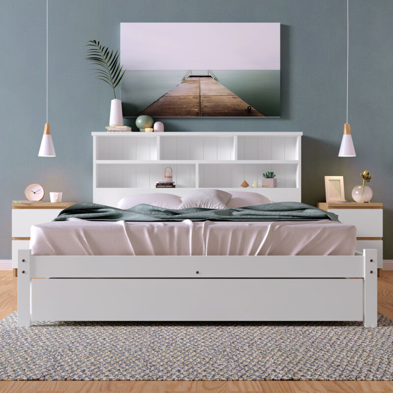 foto del prodotto letto per adulti, in legno con cassetti e libreria, bianco 140 x 200 cm, letto matrimoniale per bambini, senza materasso