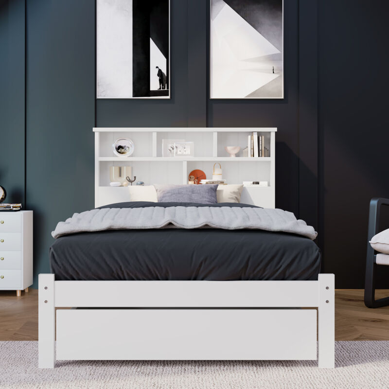 foto del prodotto letto per adulti, in legno con cassetti e libreria, bianco 90 x 200 cm, letto singolo per bambini, senza materasso