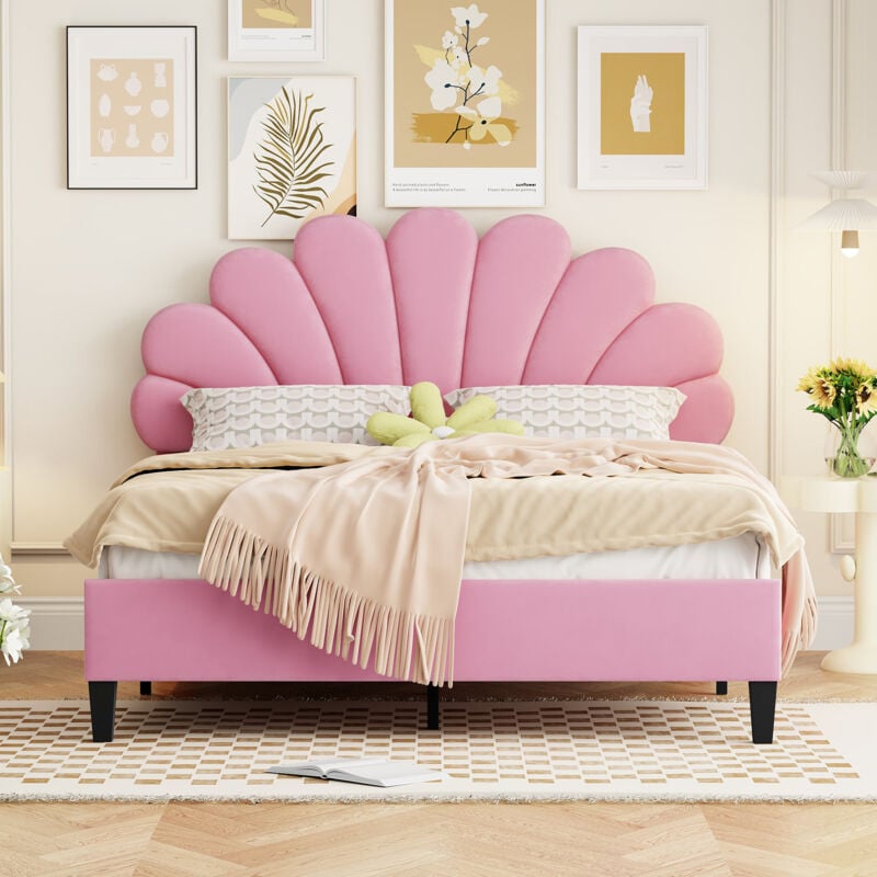 foto del prodotto letto per adulti, lettino per bambini, con rete a doghe e testiera, velluto 140 x 200 cm, letto matrimoniale, rosa 
