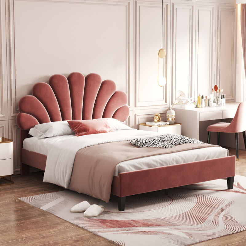 foto del prodotto letto per adulti, lettino per bambini, con rete a doghe e testiera, velluto 140 x 200 cm, letto matrimoniale, rosso 