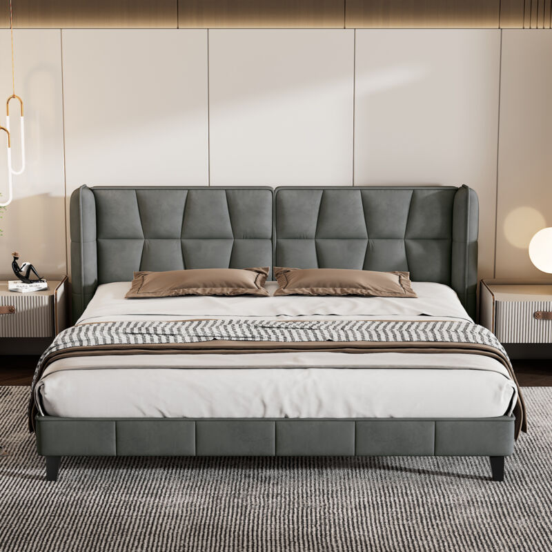 foto del prodotto letto per adulti letto imbottito 180 x 200 cm con rete a doghe in legno e testiera, velluto, grigio