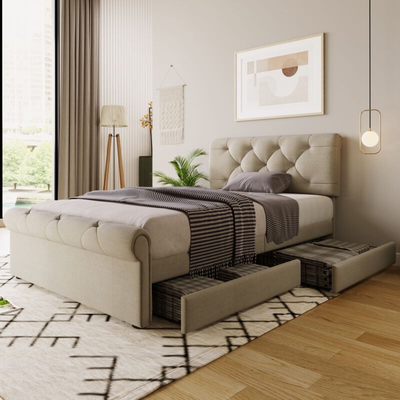 foto del prodotto letto per adulti letto imbottito letto matrimoniale 140 x 200 cm in legno con testiera regolabile in altezza e 4 cassetti, naturale, materasso incluso