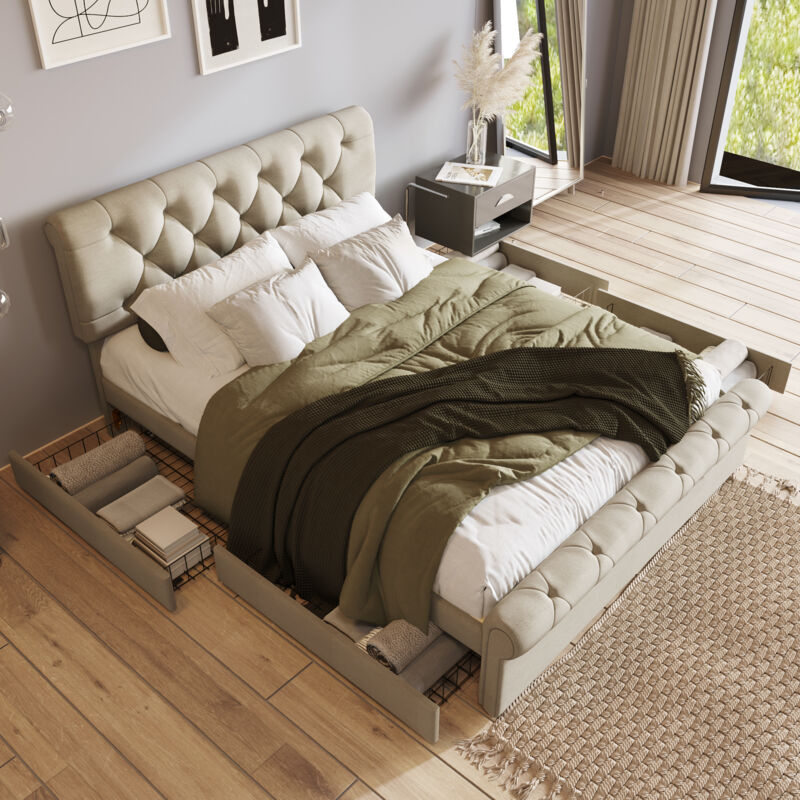 foto del prodotto letto per adulti letto imbottito letto matrimoniale 140 x 200 cm in legno con testiera regolabile in altezza e 4 cassetti, naturale, senza materasso