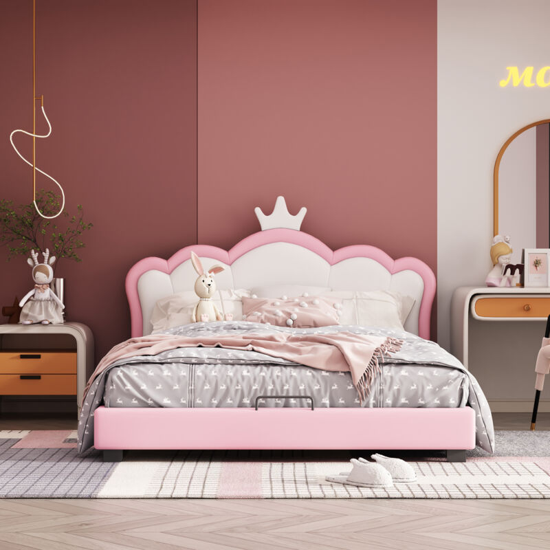 foto del prodotto letto per adulti letto imbottito per bambini 140 x 200 cm con forma a corona. rosa. senza materasso