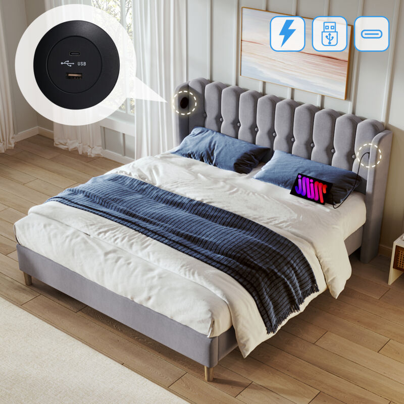 foto del prodotto letto per adulti letto imbottito per ragazzi 140 x 200 cm con ricarica usb type c e rete a doghe, lino, grigio