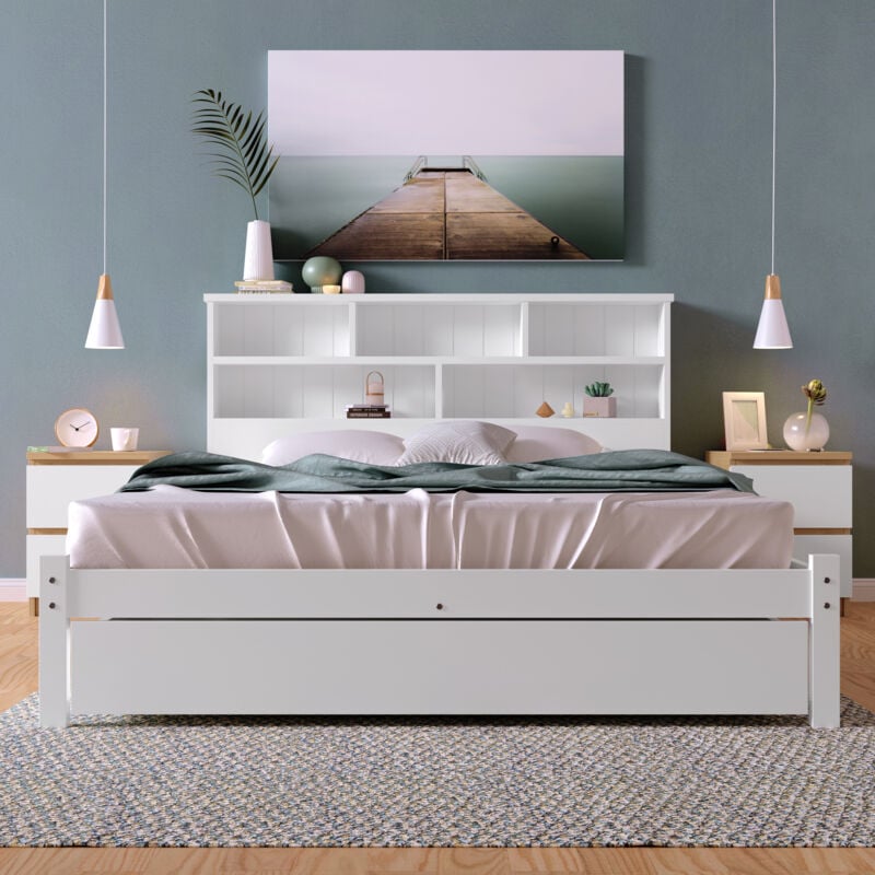 foto del prodotto letto per adulti letto matrimoniale 140 x 200 cm in legno con cassetti e libreria. bianco