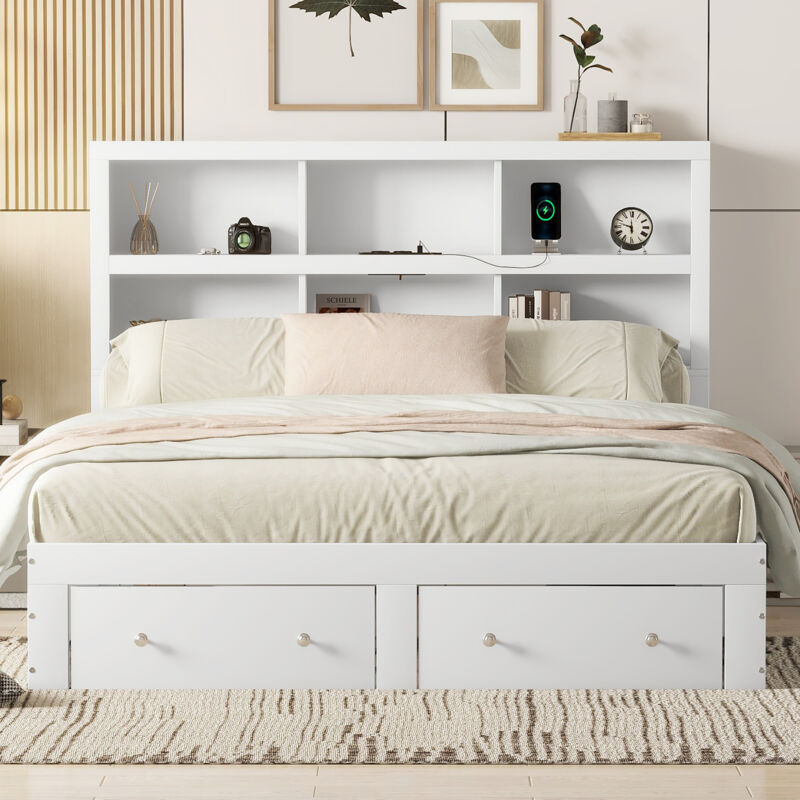 foto del prodotto letto per adulti letto matrimoniale 160 x 200 cm con 2 cassetti. testiera funzionale con 6 vani contenitore, bianco