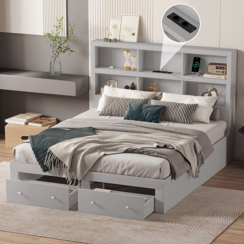 foto del prodotto letto per adulti letto matrimoniale 160 x 200 cm con 2 cassetti. testiera funzionale con 6 vani portaoggetti, grigio