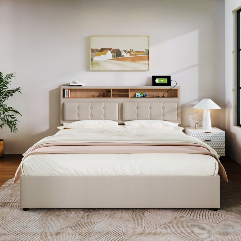 foto del prodotto letto per adulti, letto matrimoniale imbottito 140 x 200 cm con 4 cassetti e presa usb c. beige. senza materasso